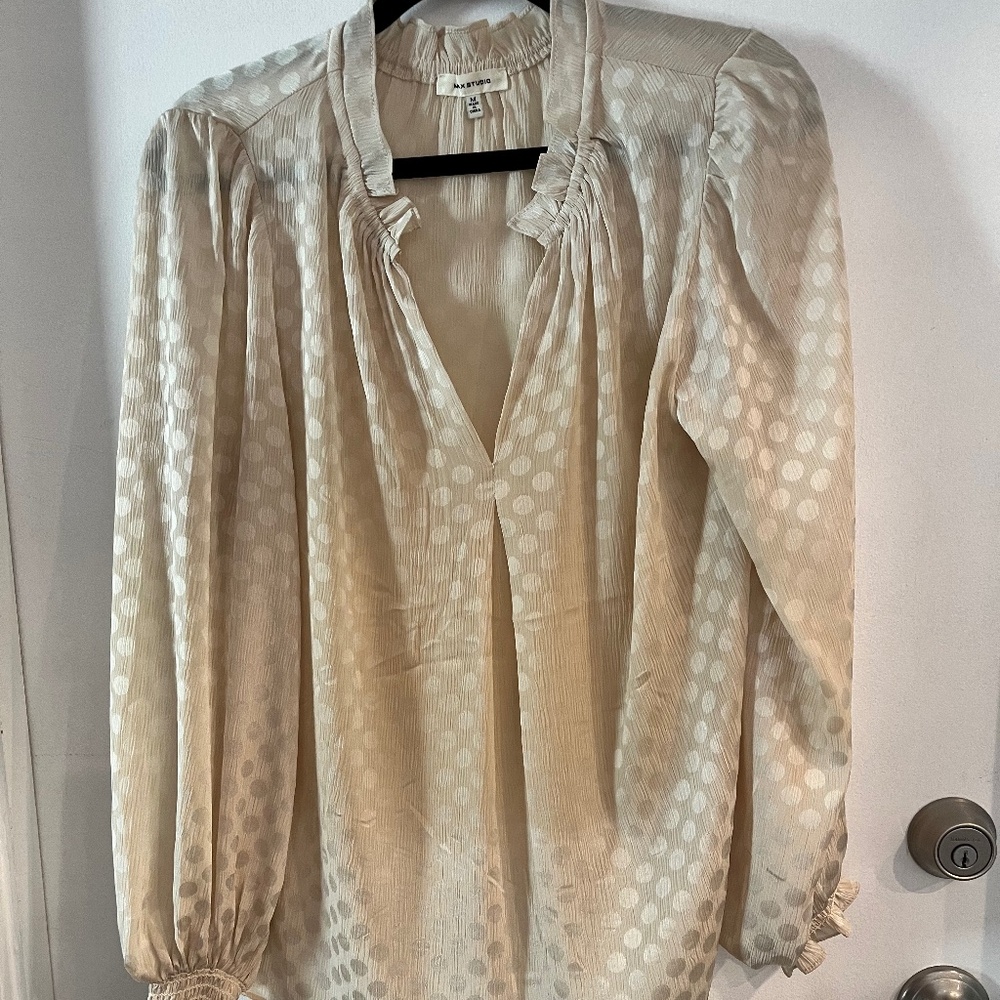 Max Studio Size Medium Cream Long Sleeve Jacquard Shine Dot Blouse